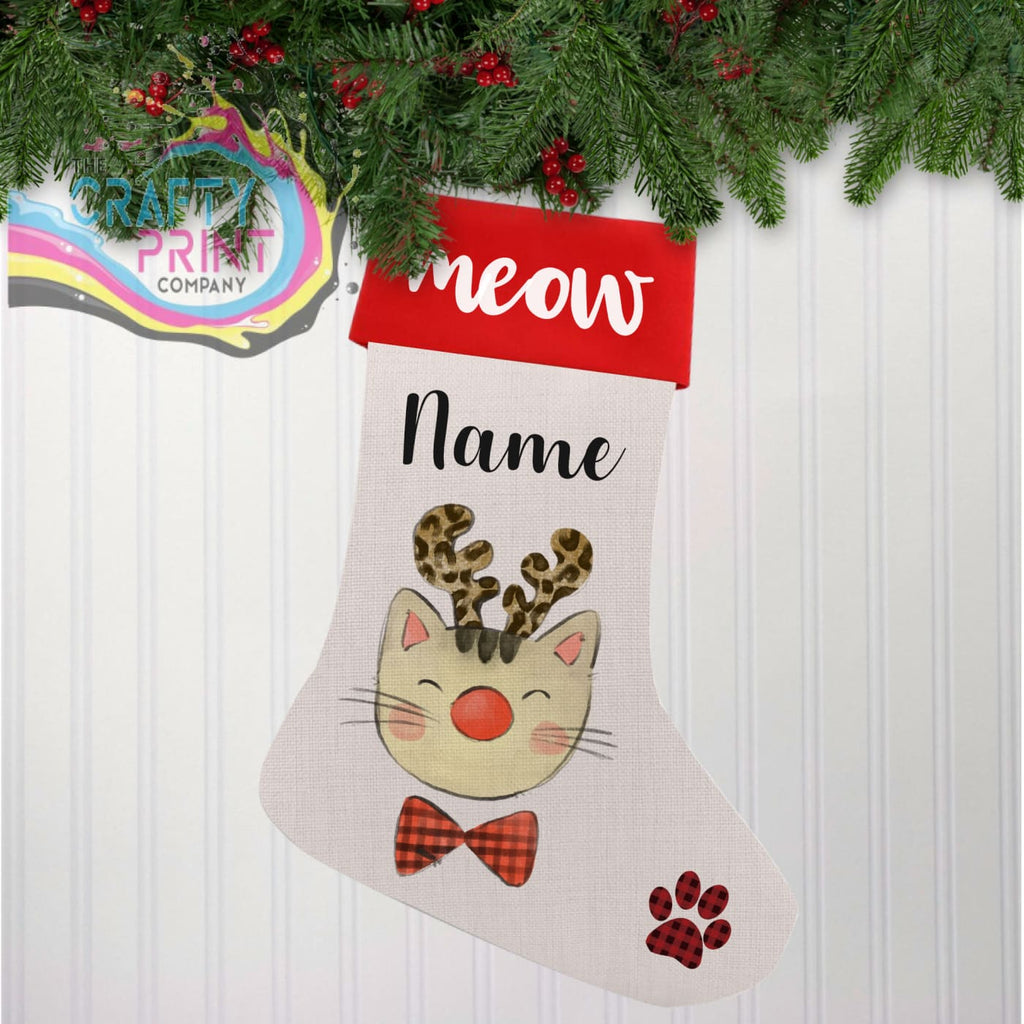 Reindeer Cat Personalised Linen Christmas Stocking - Holiday