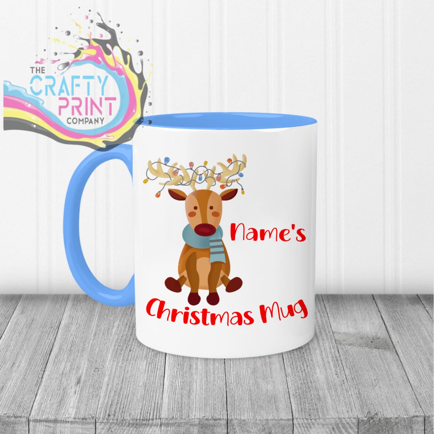 Reindeer Christmas Personalised Mug - Blue Handle & Inner