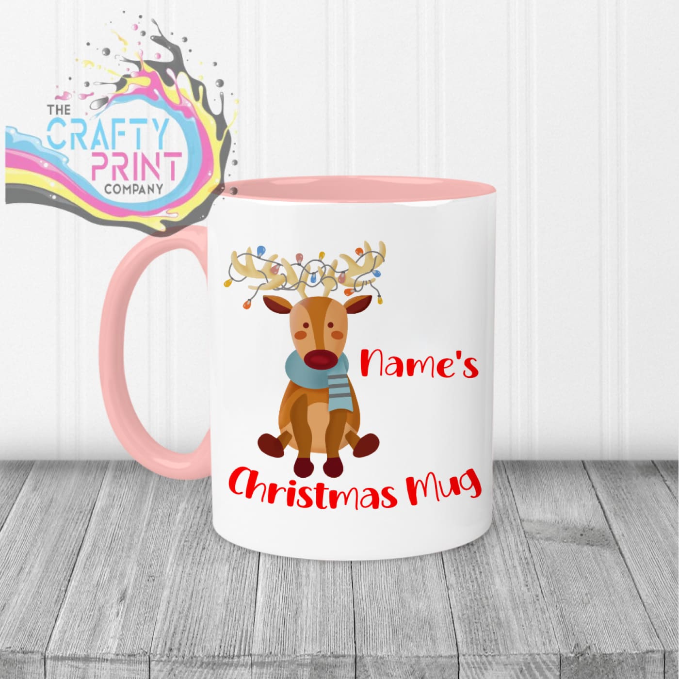 Reindeer Christmas Personalised Mug - Pink Handle & Inner