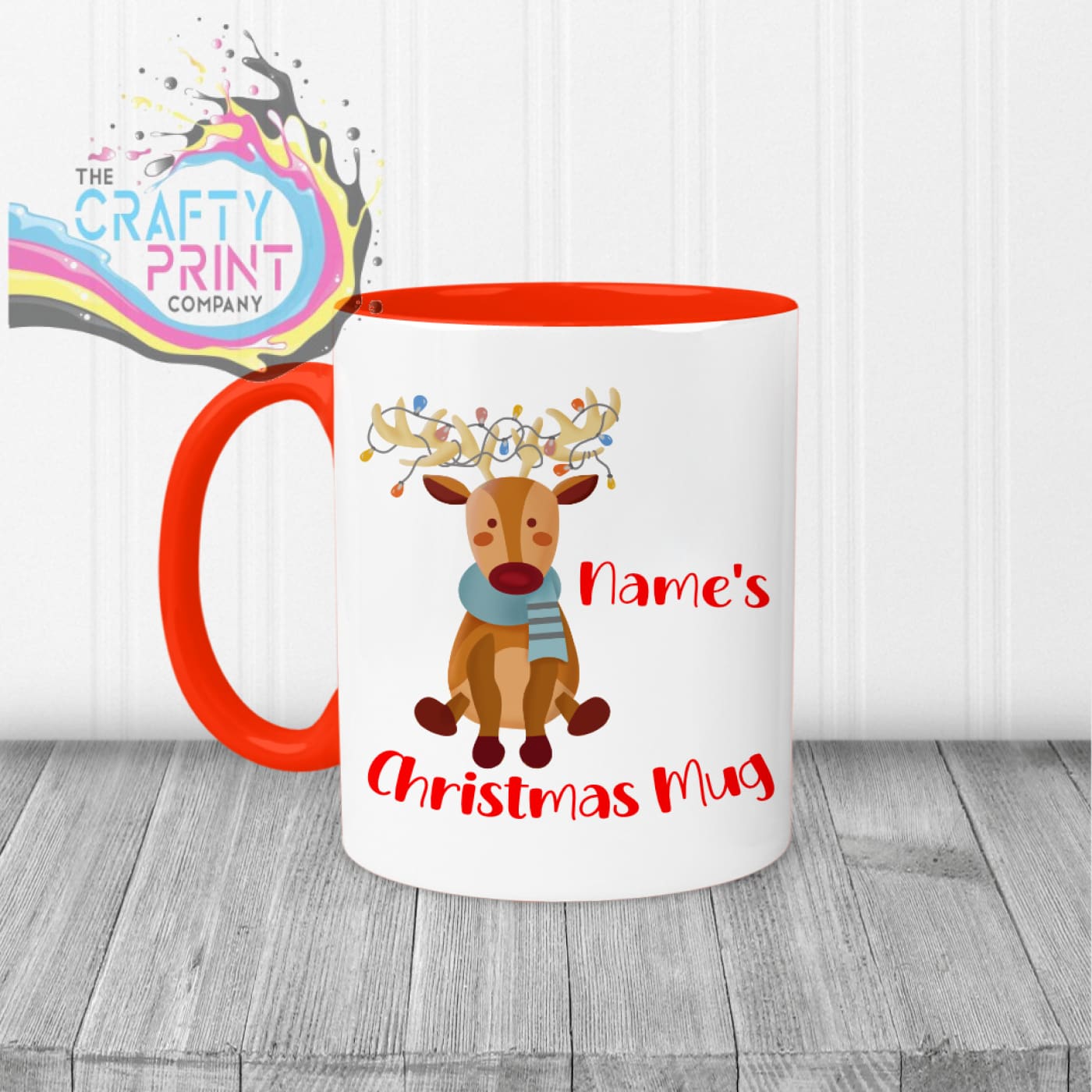 Reindeer Christmas Personalised Mug - Red Handle & Inner