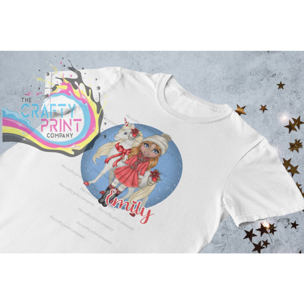 Unicorn Christmas Girl Personalised Children’s T-shirt - Red