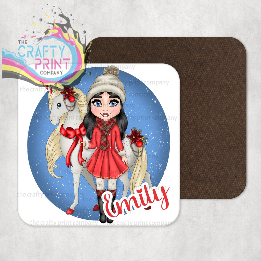 Unicorn Christmas Girl Personalised Coaster - Black Hair /