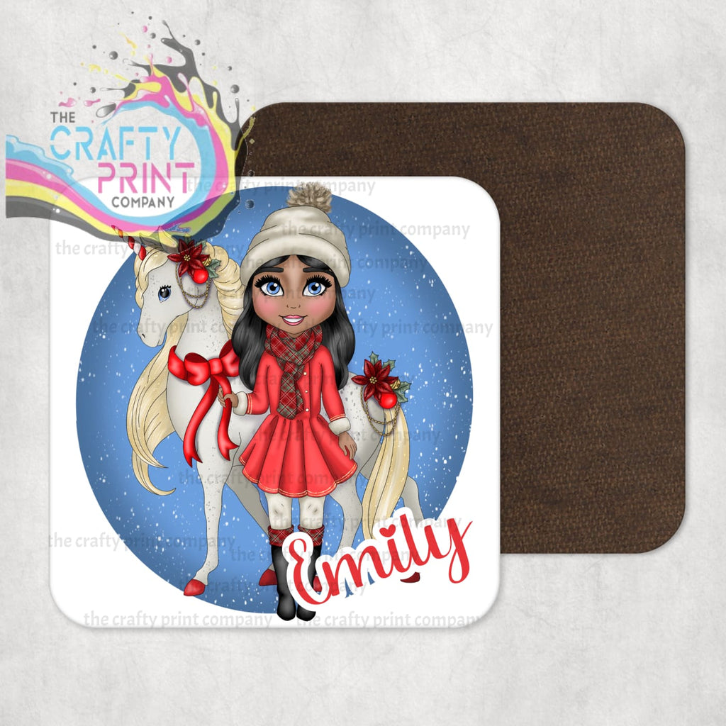 Unicorn Christmas Girl Personalised Coaster - Black Hair