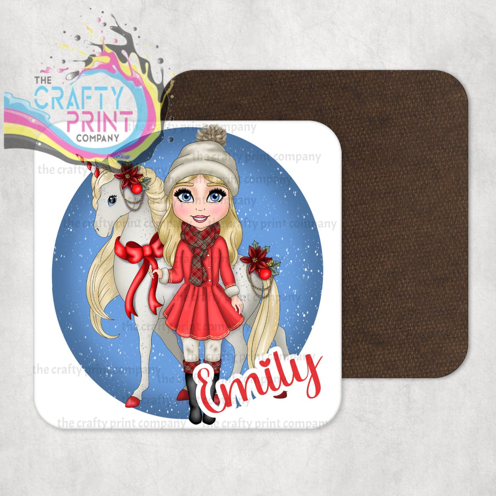 Unicorn Christmas Girl Personalised Coaster - Blonde Hair /