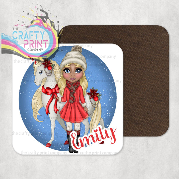 Unicorn Christmas Girl Personalised Coaster - Blonde Hair