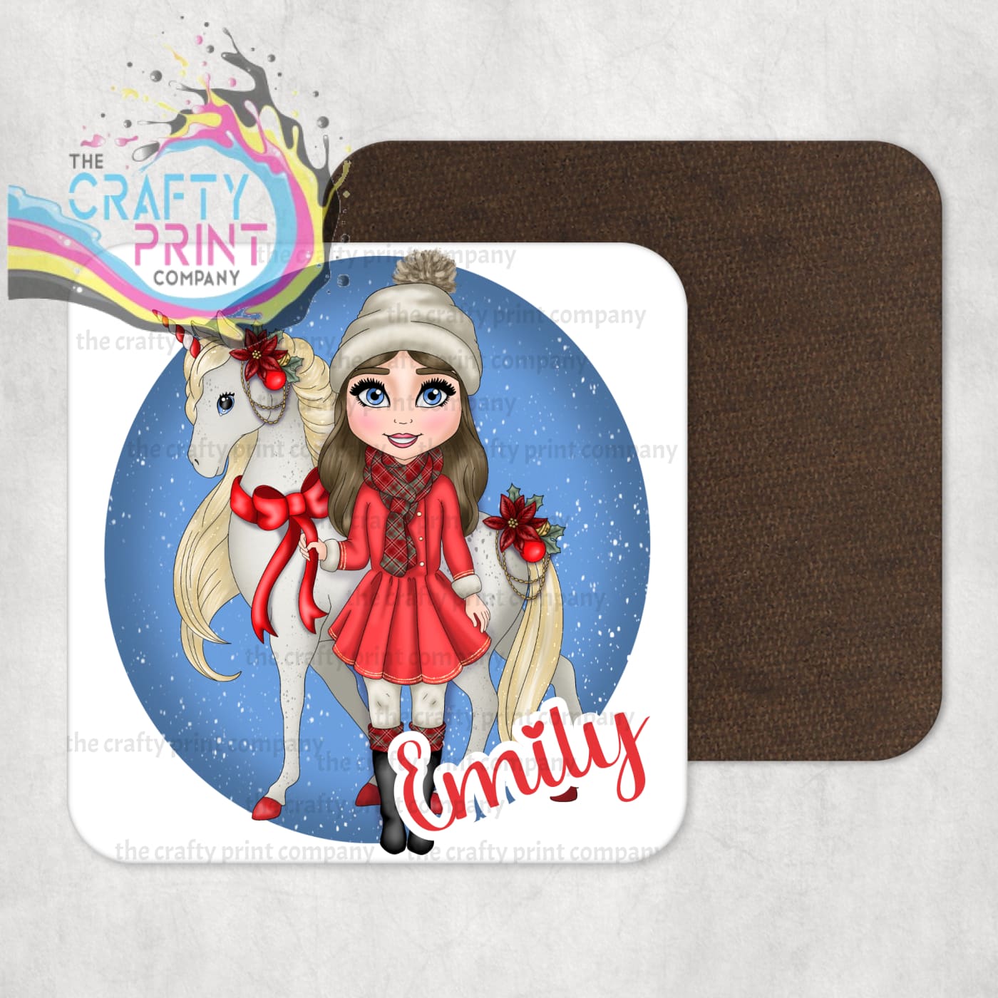 Unicorn Christmas Girl Personalised Coaster - Brown Hair