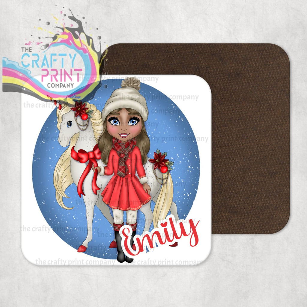 Unicorn Christmas Girl Personalised Coaster - Brown Hair
