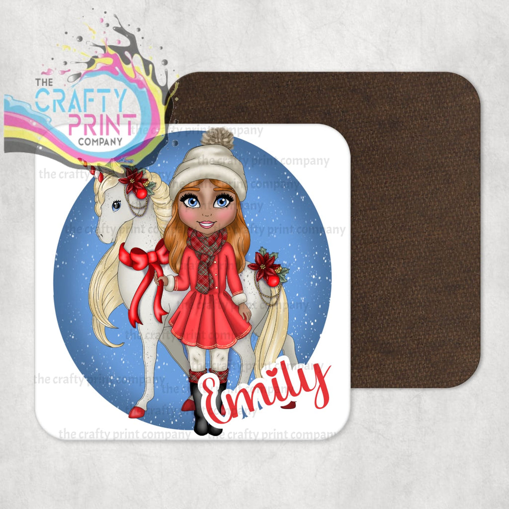Unicorn Christmas Girl Personalised Coaster - Red Hair Dark