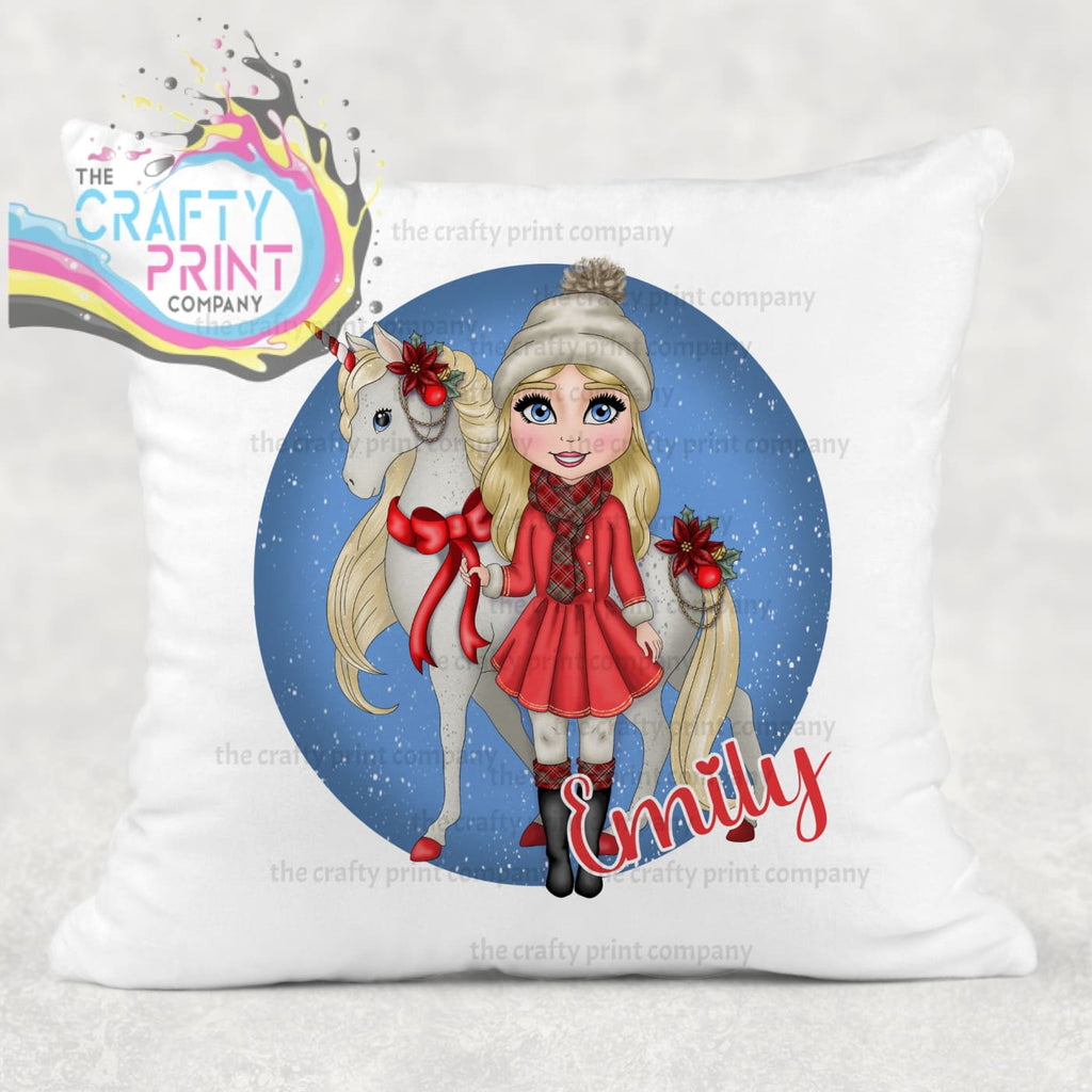 Unicorn Christmas Girl Personalised Cushion - Blonde Hair /