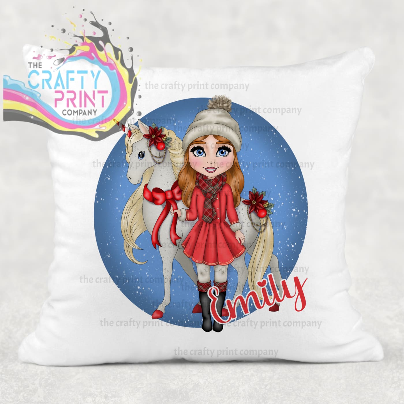 Unicorn Christmas Girl Personalised Cushion - Red Hair