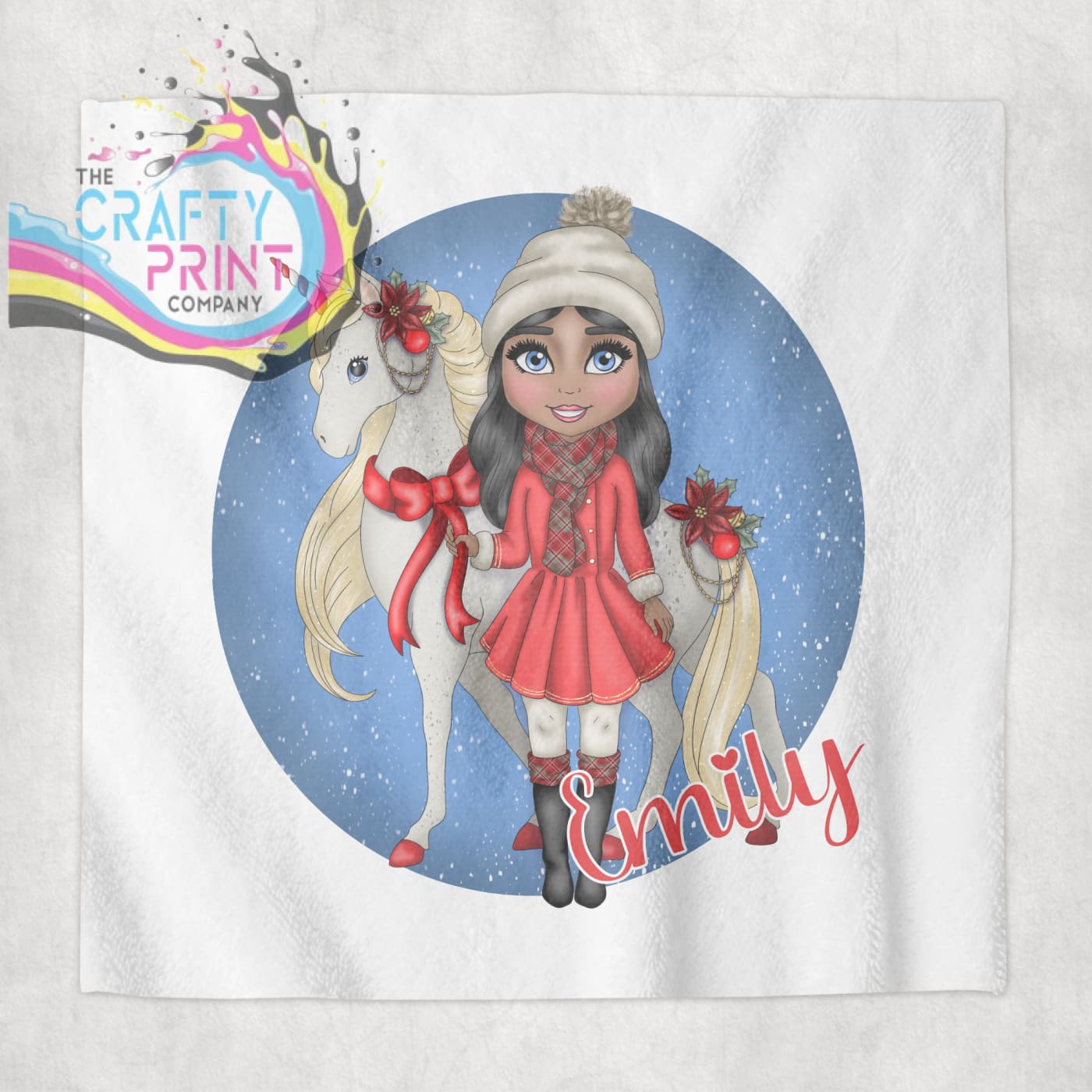 Unicorn Christmas Girl Personalised Face Cloth - Black Hair