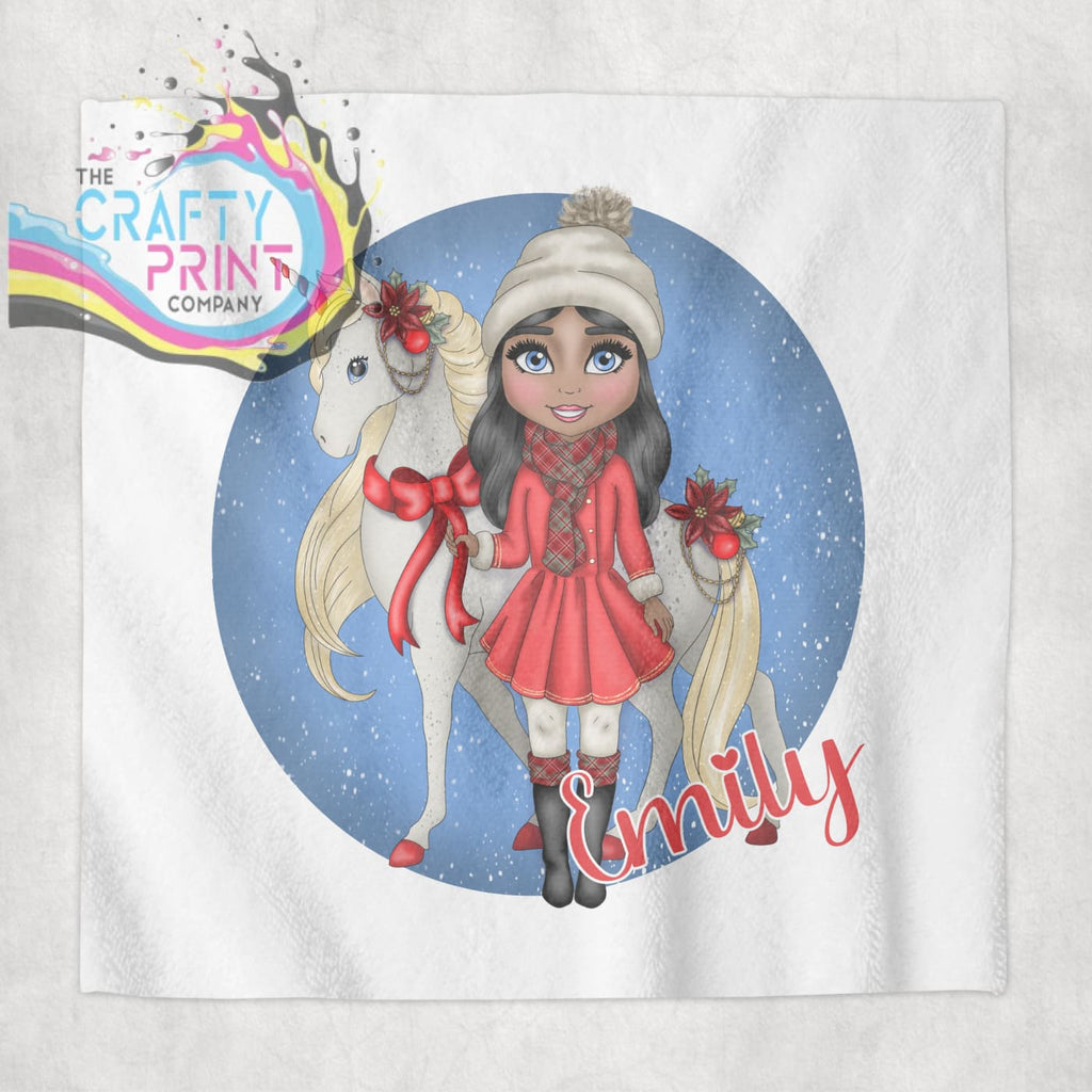 Unicorn Christmas Girl Personalised Face Cloth - Black Hair