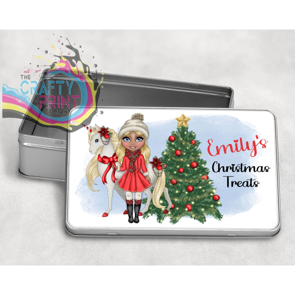 Unicorn Christmas Girl Personalised Metal Tin - Blonde Hair