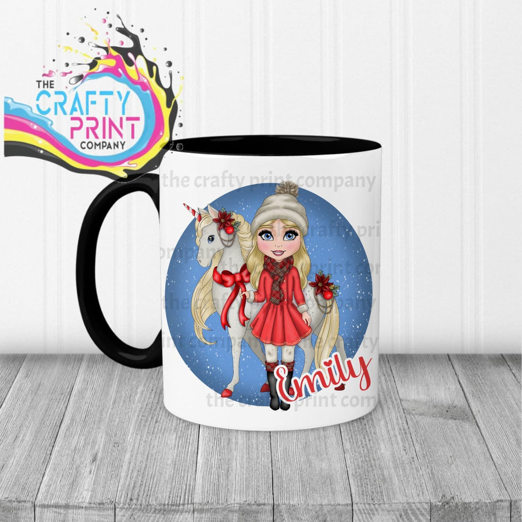 Unicorn Christmas Girl Personalised Mug - Black Handle & 