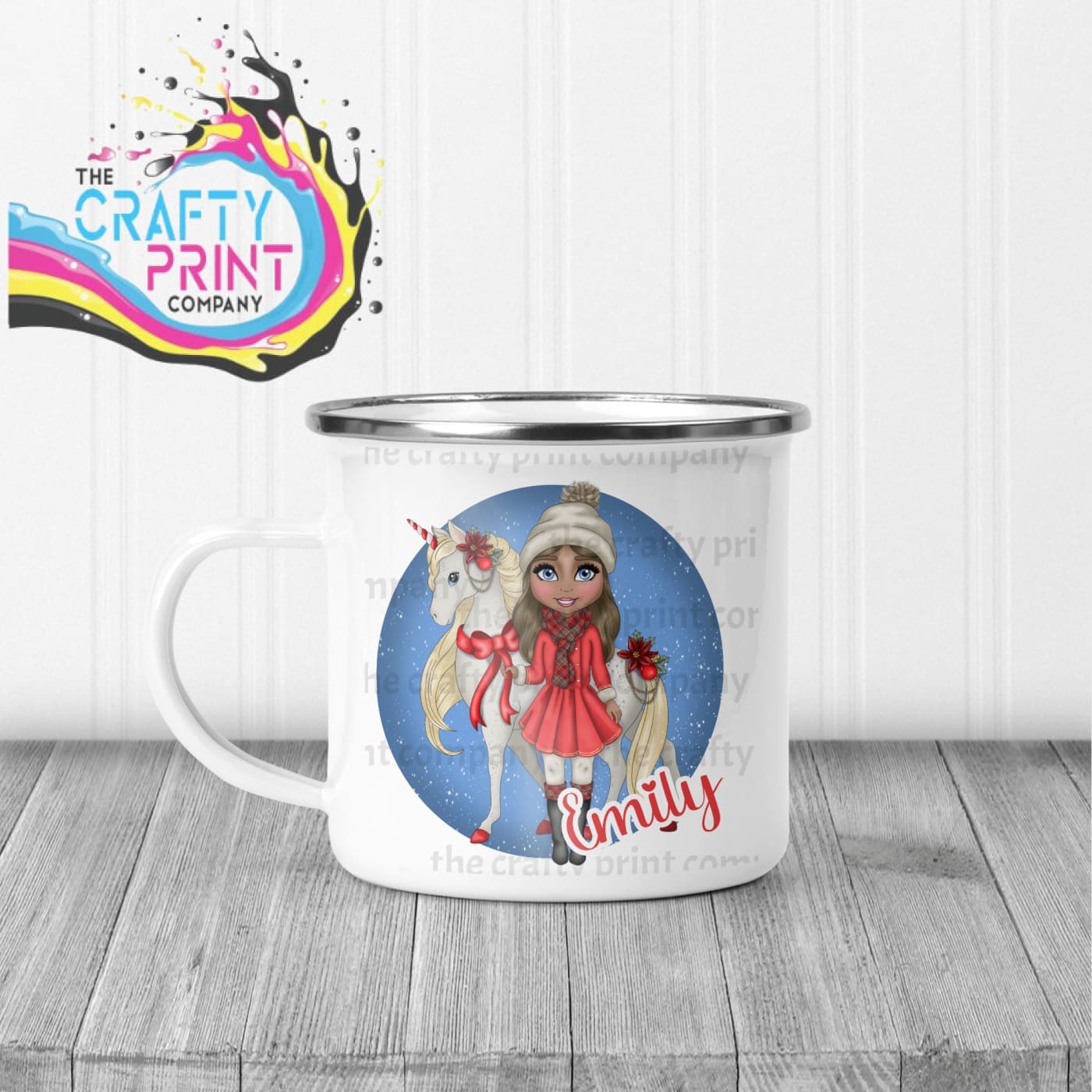 Unicorn Christmas Girl Personalised Mug - Enamel / Brown 