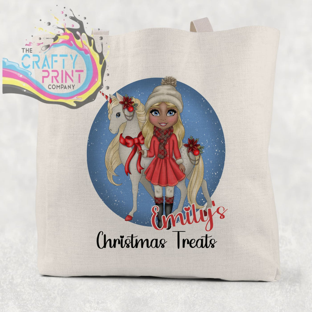 Unicorn Christmas Girl Personalised Tote / Goodie Bag -