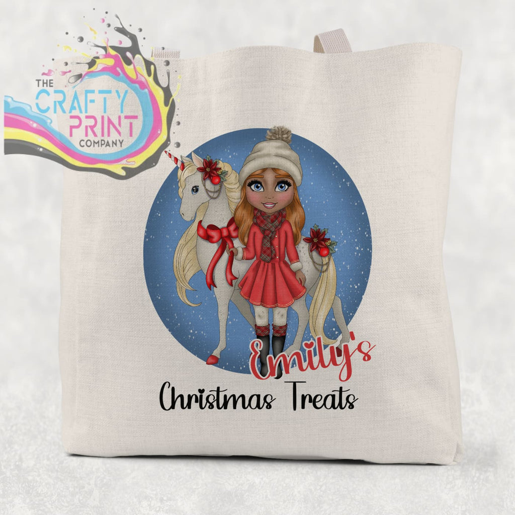 Unicorn Christmas Girl Personalised Tote / Goodie Bag -