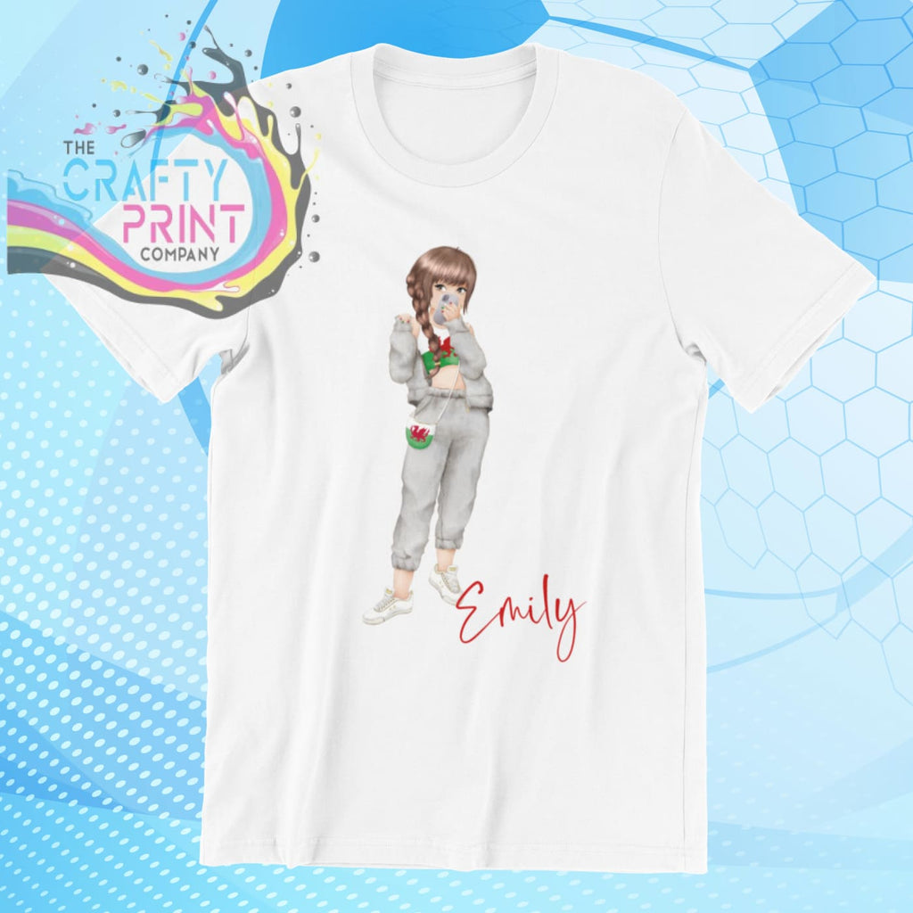 Wales Welsh Girl Children’s T-shirt - White / Brown Hair